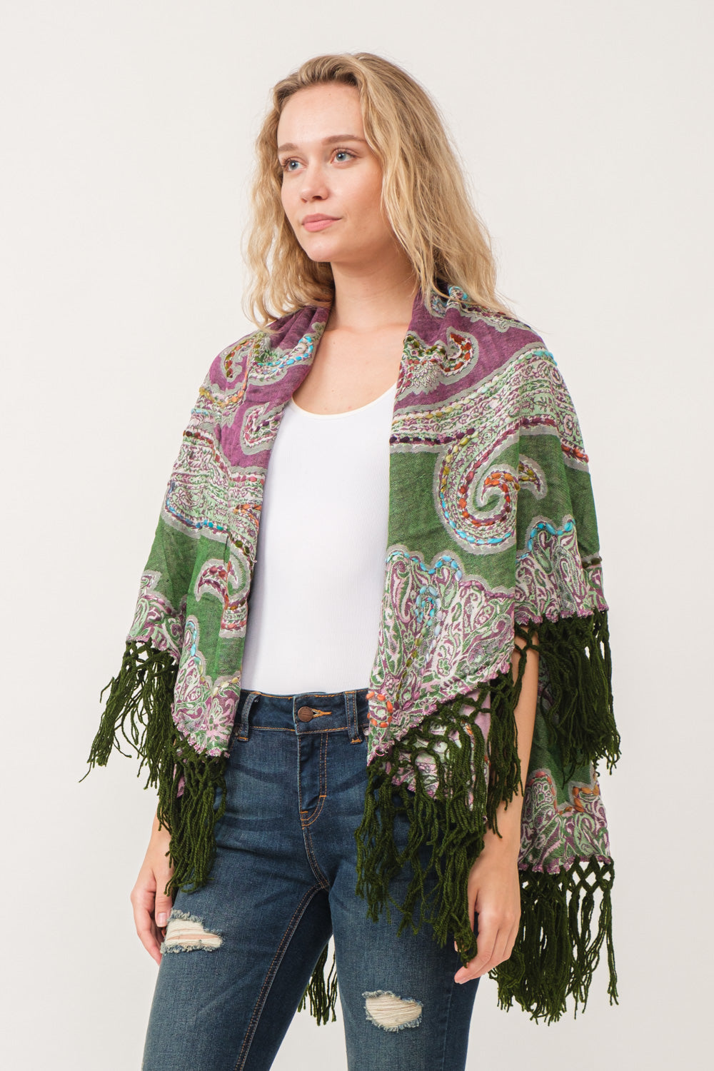 RAJ REGINA THICK STITCH EMBROIDERED PONCHO GREEN | Raj Imports