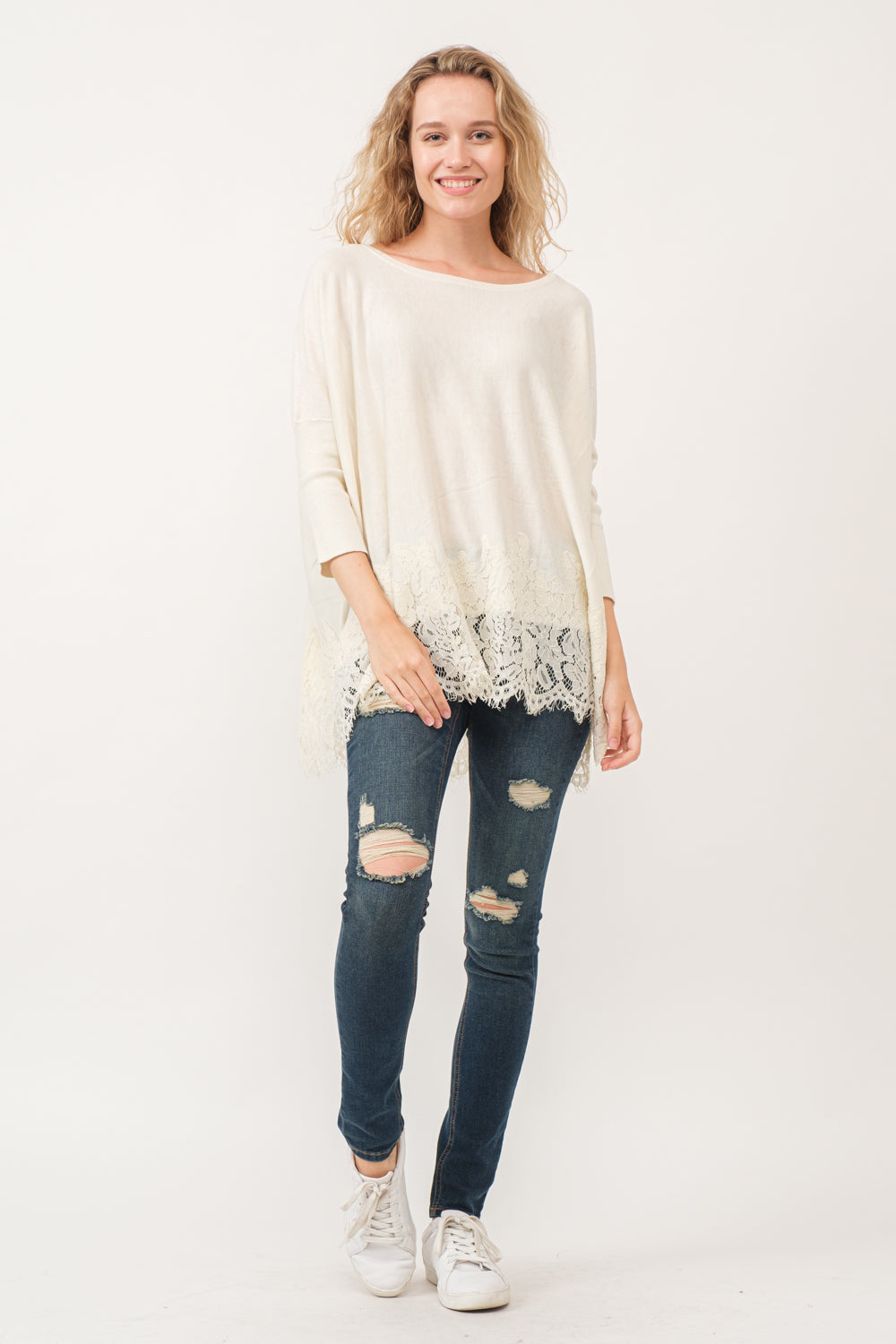 VALERIE CREWNECK DOLMAN SLEEVE TOP WITH LACE BORDER | Raj Imports