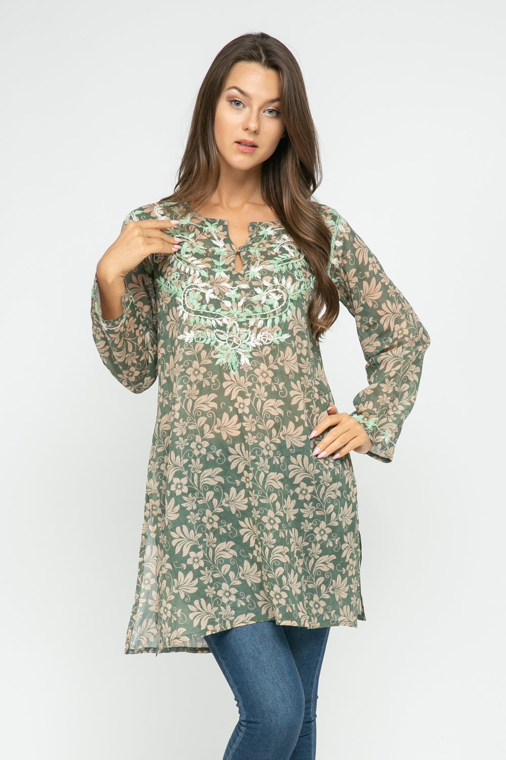 Raj Floral Petal Tunic Contrast Stitch Embroidery Sage Green Sheer Light Cotton 2024